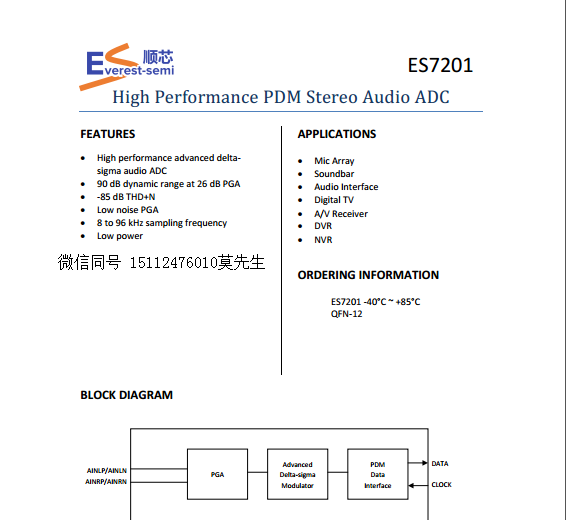 ES7201/ES7202���� 2-ch PDM ADC 98 dB Low noise PGA