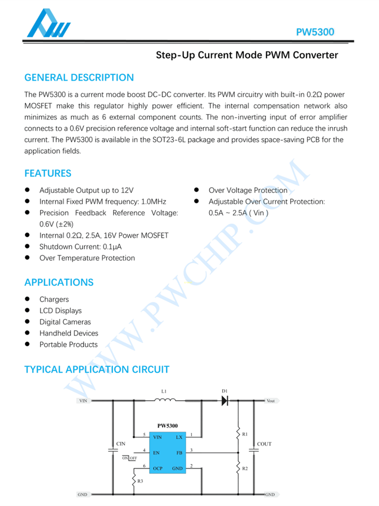 PW5300 5300A SOT23-6���b PWM����DC-DC�D�Q��оƬ 0.2����MOS