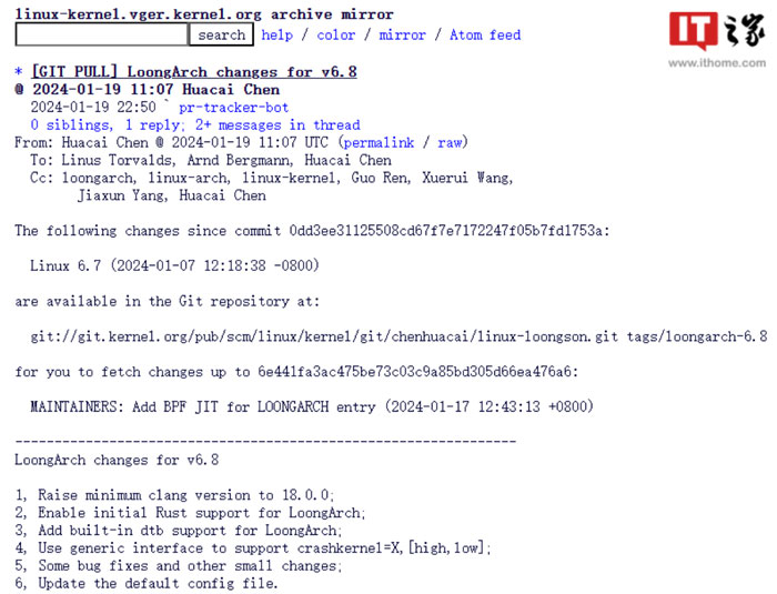 ��о LoongArch �� Linux 6.8 �Ⱥ����״�֧�� Rust